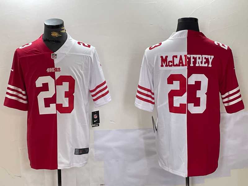 Men%27s San Francisco 49ers #23 Christian McCaffrey Red White Split Vapor Limited Stitched Jersey Dzhi